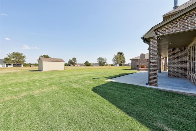 view of yard with an outbuilding, a patio area, and a storage unit