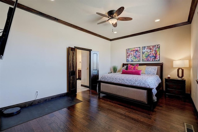 bedroom featuring visible vents, crown molding, baseboards, and wood-type flooring