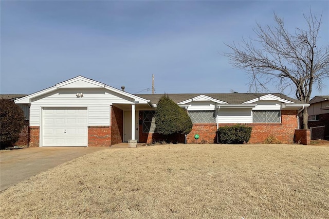 single story home with a front lawn, concrete driveway, brick siding, and an attached garage