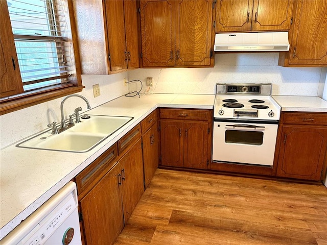 kitchen featuring light countertops, a sink, light wood-type flooring, white appliances, and under cabinet range hood