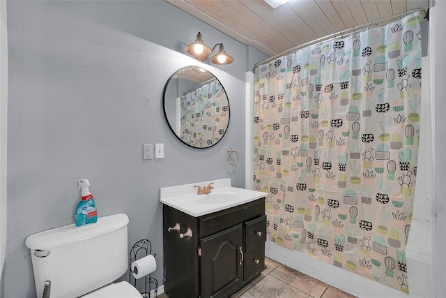 bathroom with tile patterned floors, toilet, wood ceiling, and vanity