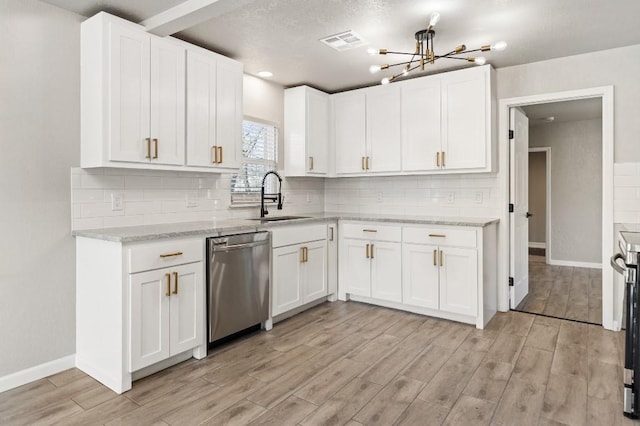 kitchen with a sink, visible vents, stainless steel dishwasher, light wood-type flooring, and tasteful backsplash