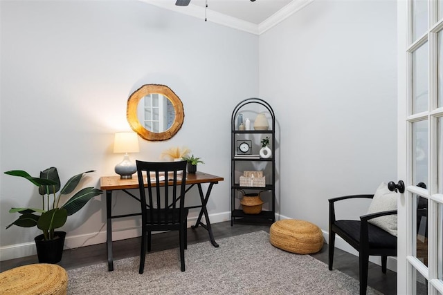 office area with ornamental molding, baseboards, ceiling fan, and wood finished floors