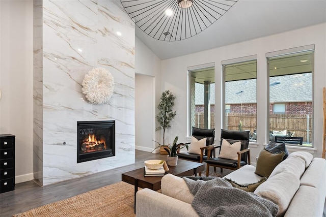 living area with baseboards, lofted ceiling, wood finished floors, and a premium fireplace