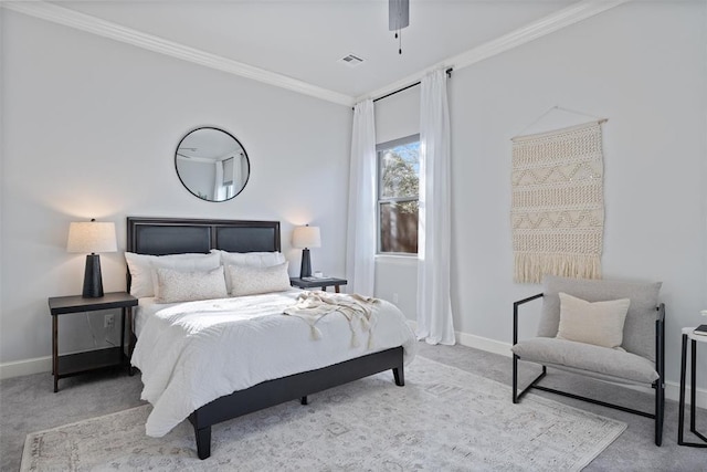 bedroom with baseboards, carpet floors, ornamental molding, and visible vents