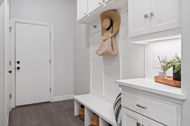 mudroom featuring baseboards and dark wood-style floors
