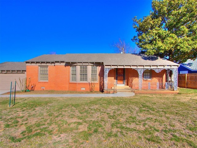 ranch-style house with brick siding, a porch, crawl space, fence, and a front lawn