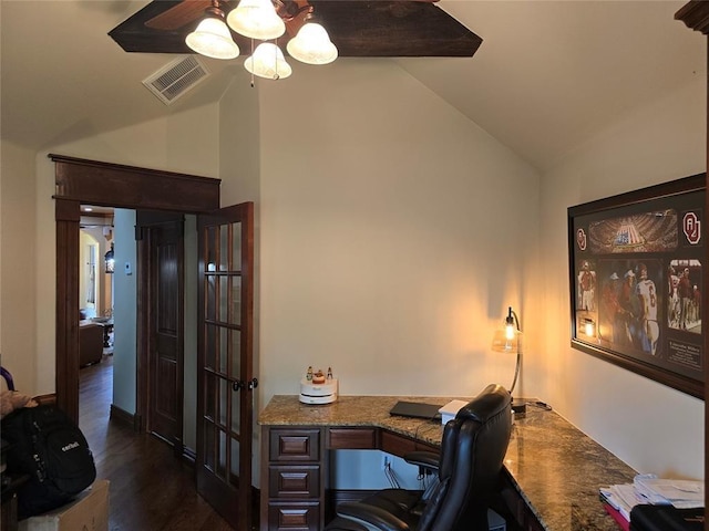 office space with lofted ceiling, dark wood-style floors, and visible vents