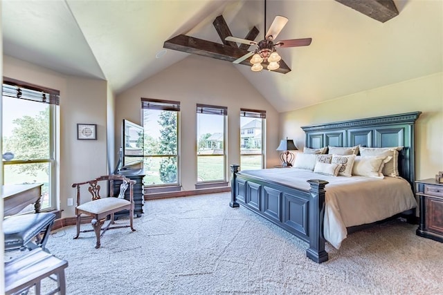 bedroom with light carpet, lofted ceiling with beams, and a ceiling fan