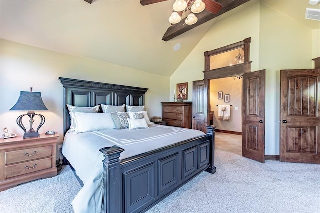 bedroom with high vaulted ceiling, light colored carpet, a ceiling fan, baseboards, and visible vents