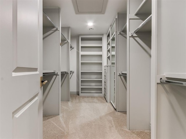 spacious closet with light carpet and visible vents