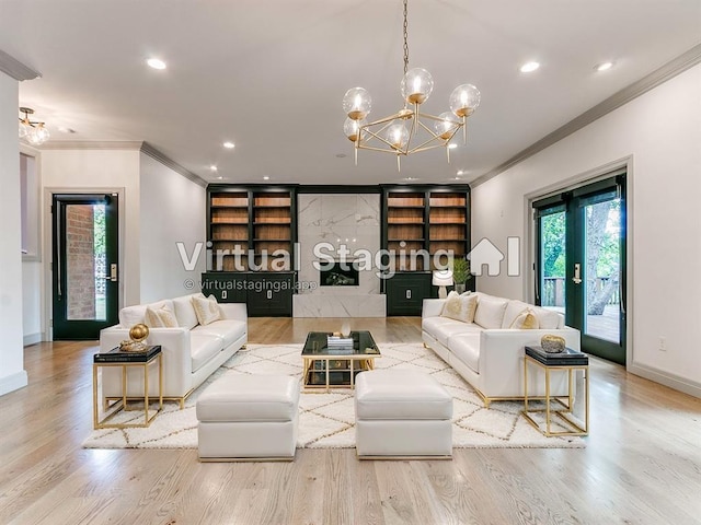 living area with recessed lighting, crown molding, baseboards, and wood finished floors