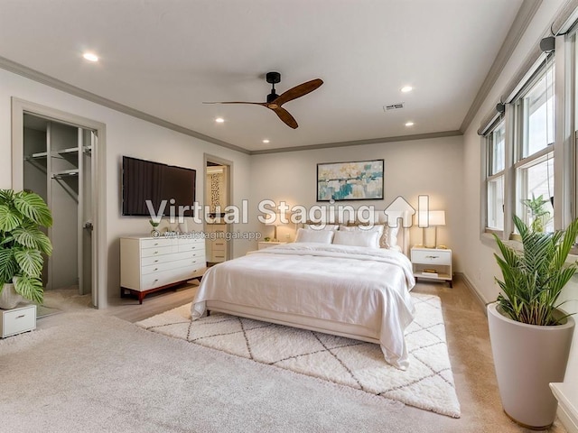 bedroom with visible vents, ornamental molding, recessed lighting, baseboards, and ceiling fan