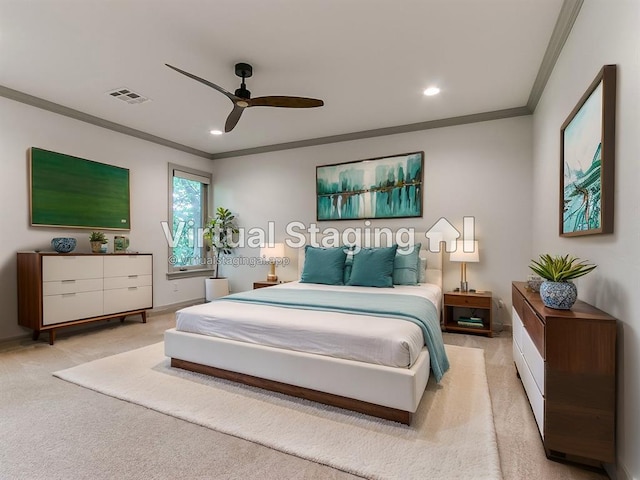 carpeted bedroom with visible vents, recessed lighting, baseboards, and ornamental molding