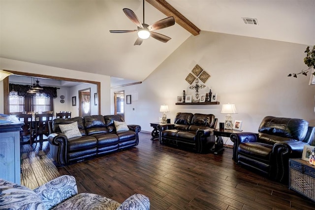 living room with a ceiling fan, beam ceiling, visible vents, and wood finished floors