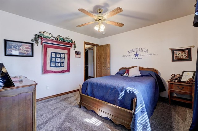 bedroom featuring carpet floors, baseboards, and a ceiling fan