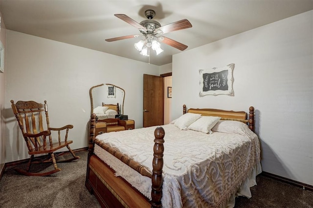 bedroom with carpet floors, baseboards, and a ceiling fan