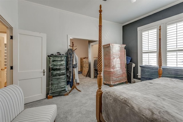 bedroom featuring carpet floors and ornamental molding