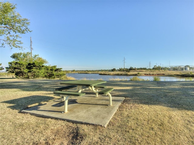 view of community with a water view and a yard