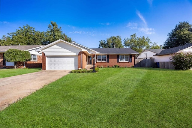 ranch-style house featuring a garage, driveway, fence, a front lawn, and brick siding