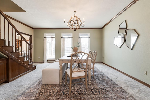 dining space with light carpet, baseboards, stairs, ornamental molding, and an inviting chandelier