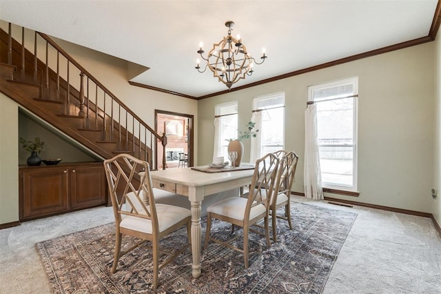 dining space with a chandelier, light carpet, stairway, and baseboards