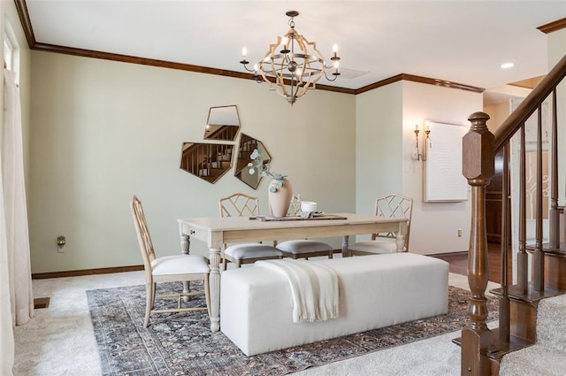 carpeted dining room featuring a notable chandelier, baseboards, stairway, and crown molding