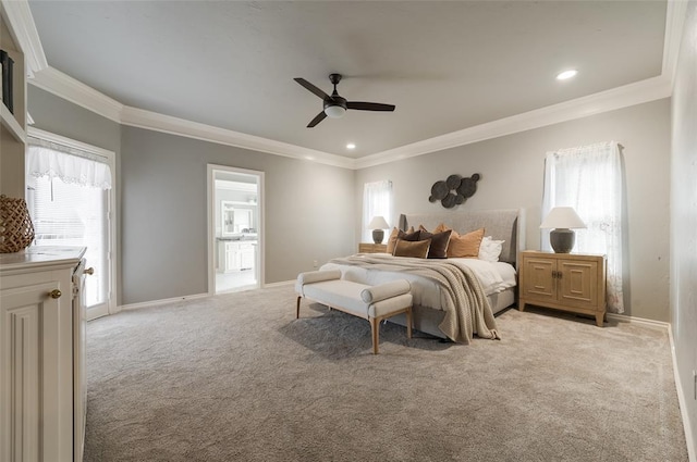 bedroom featuring carpet, recessed lighting, ornamental molding, a ceiling fan, and baseboards