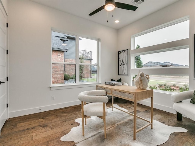 office area with recessed lighting, ceiling fan, baseboards, and wood finished floors