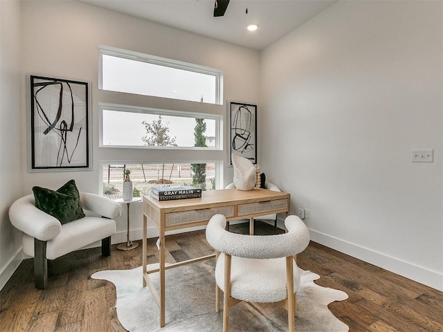 office space with a ceiling fan, baseboards, wood finished floors, and recessed lighting