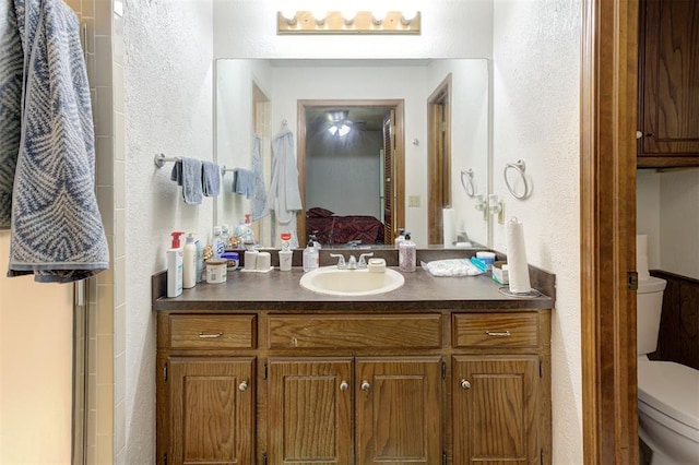full bathroom featuring toilet, a textured wall, and vanity