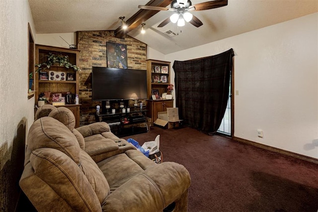 living room featuring carpet floors, visible vents, baseboards, ceiling fan, and lofted ceiling with beams