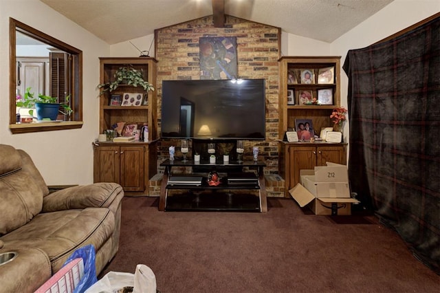 living room with a textured ceiling, carpet, and vaulted ceiling