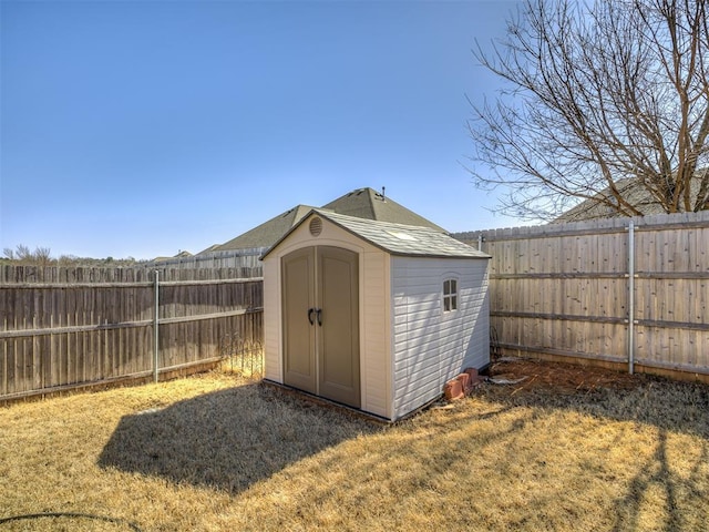 view of shed with a fenced backyard