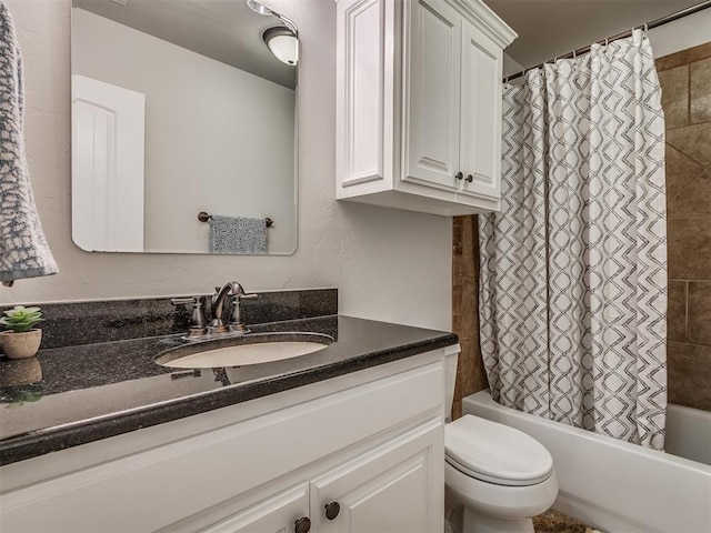 bathroom featuring vanity, toilet, and shower / tub combo with curtain