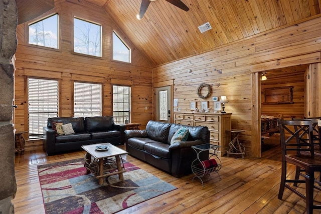 living room with ceiling fan, visible vents, wooden walls, and hardwood / wood-style floors