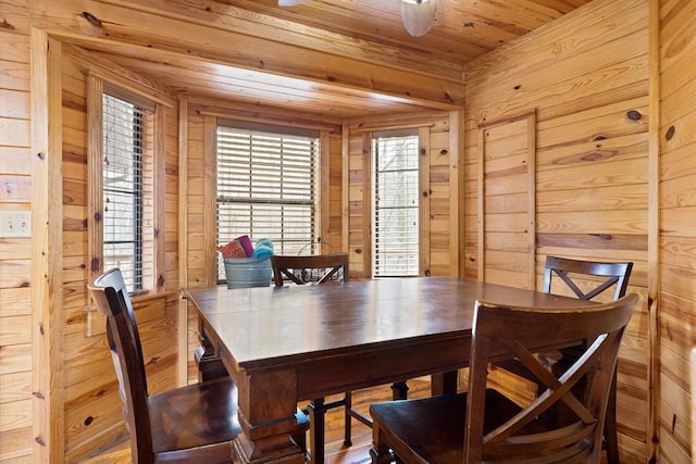 dining space featuring wooden ceiling and wood walls