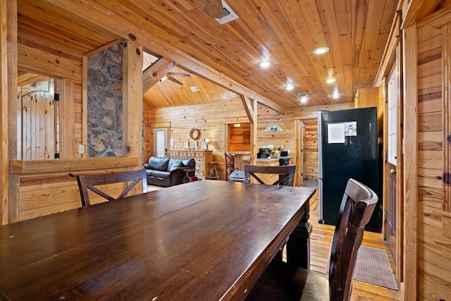 dining area with wooden walls, recessed lighting, and wood ceiling