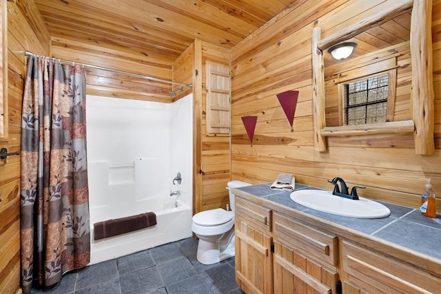 full bath featuring vanity, wooden walls, shower / bathtub combination with curtain, wooden ceiling, and toilet