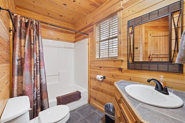 bathroom featuring shower / tub combo, toilet, wood ceiling, and wooden walls