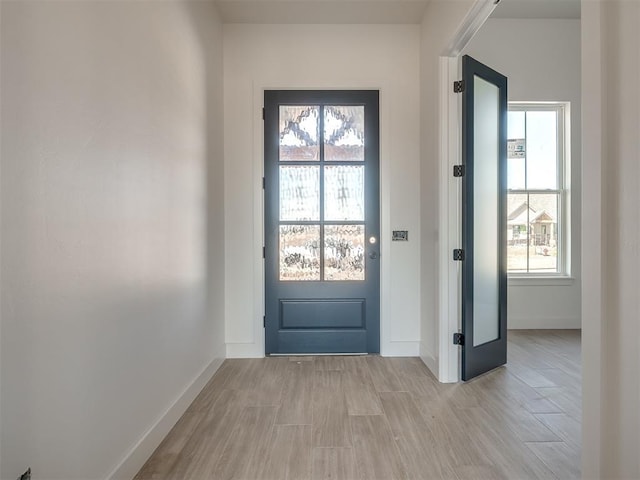 doorway to outside featuring light wood-style floors, plenty of natural light, and baseboards