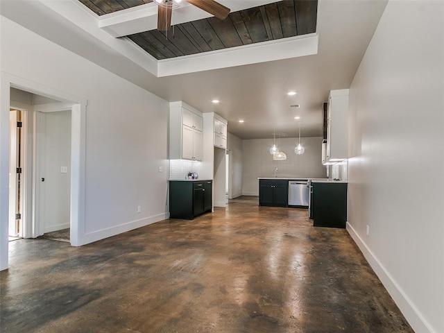 kitchen featuring ceiling fan, recessed lighting, baseboards, white cabinets, and stainless steel dishwasher