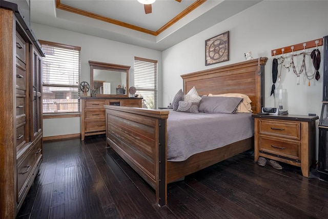 bedroom featuring dark wood-type flooring, multiple windows, and a raised ceiling