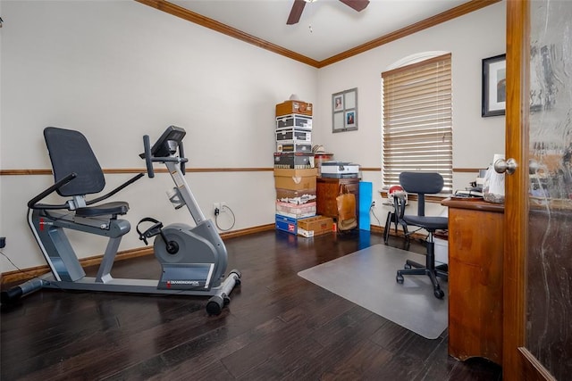 workout room with ornamental molding, ceiling fan, baseboards, and wood finished floors