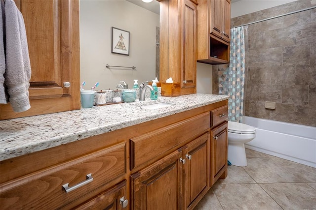 bathroom with toilet, tile patterned flooring, shower / bath combination with curtain, and vanity