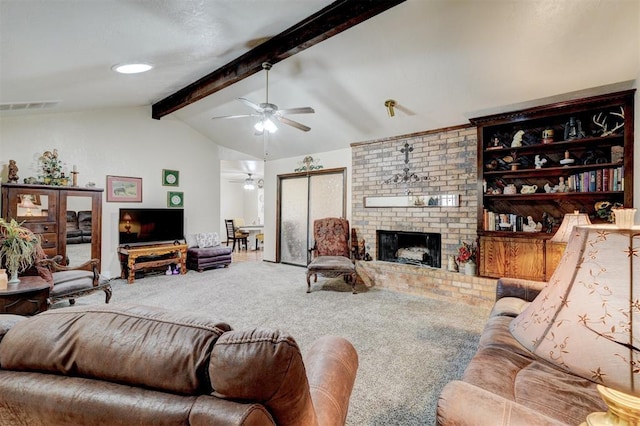 living room with visible vents, a brick fireplace, carpet, lofted ceiling with beams, and a ceiling fan