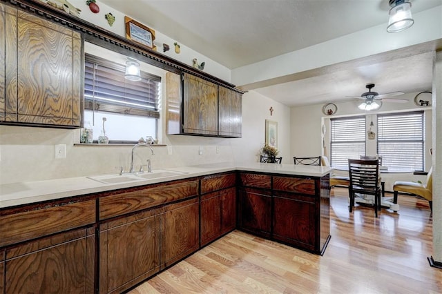 kitchen featuring a peninsula, light wood-style floors, a wealth of natural light, and a sink