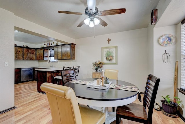 dining room featuring light wood-type flooring and ceiling fan