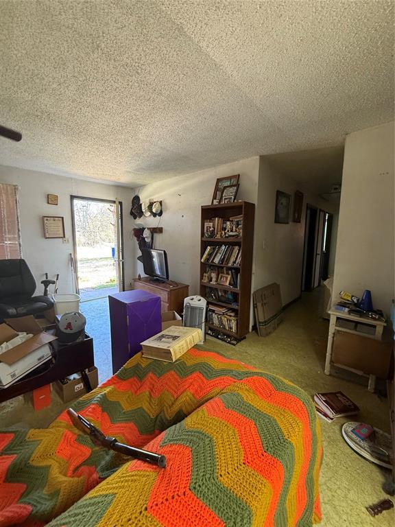 carpeted bedroom featuring access to exterior and a textured ceiling