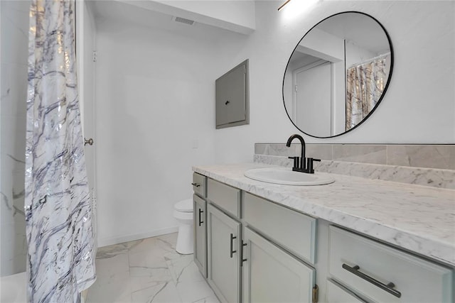 full bathroom featuring marble finish floor, visible vents, a shower with shower curtain, toilet, and vanity